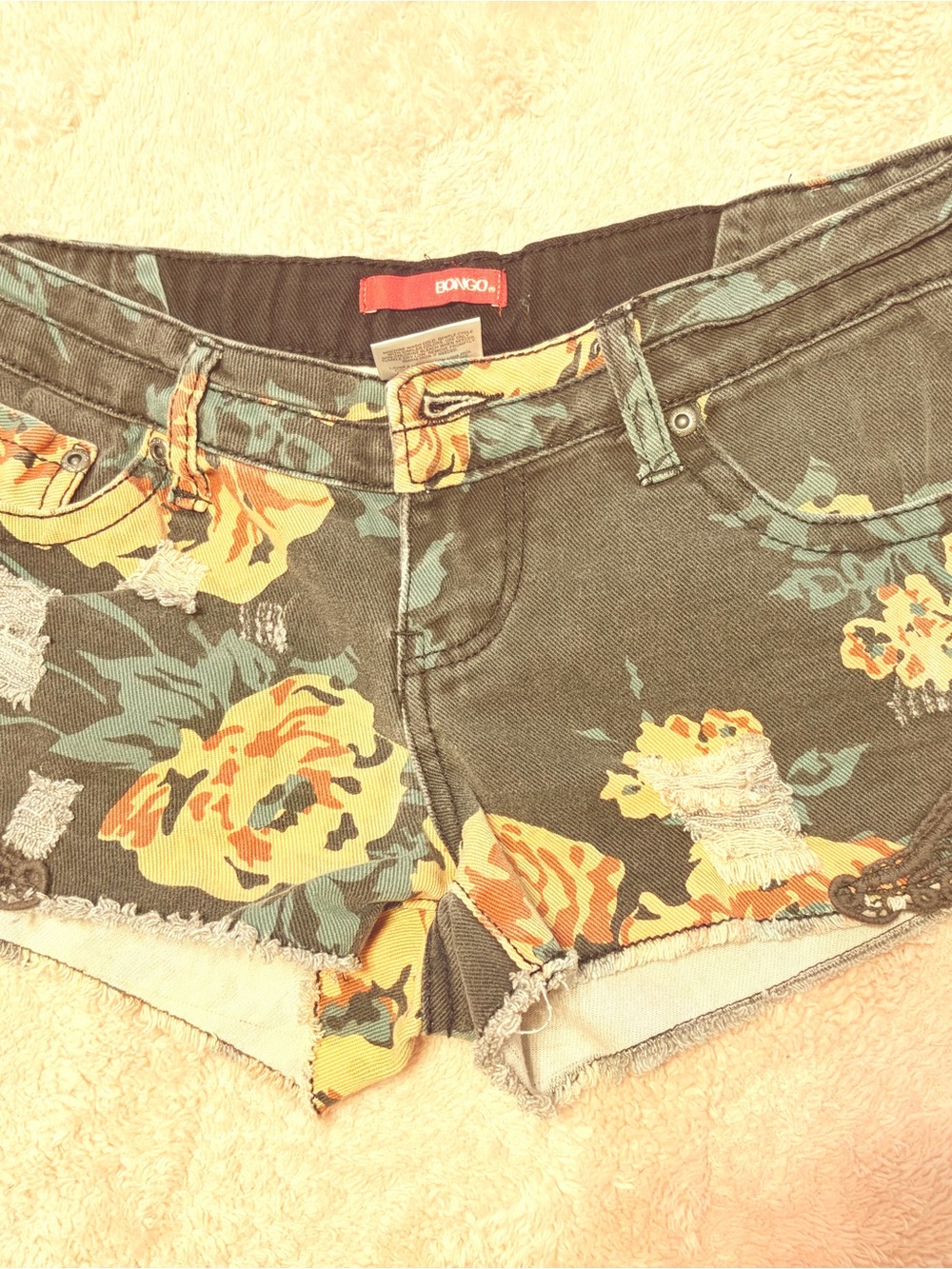 BONGO Green Floral Distressed Jean Shorts with Yellow Blooms